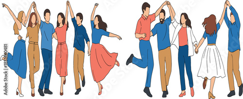  Group of happy young diverse people dancing and holding hands together as a concept of celebration friendship community joy and social party vector illustration.