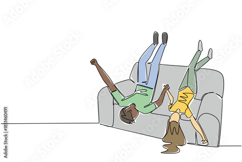 Continuous line drawing of a diverse couple hanging upside down off a sofa, holding hands in a playful and carefree moment, symbolizing joy and fun in a relationship. National Loving Day event of joy
