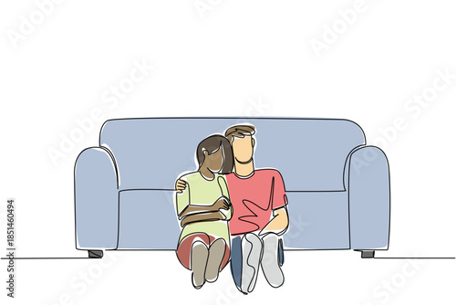 Single line draw of diverse couple sitting on floor leaning closely on sofa, with the woman resting her head on the man shoulder, symbolizing comfort, intimacy, and togetherness. National Loving Day