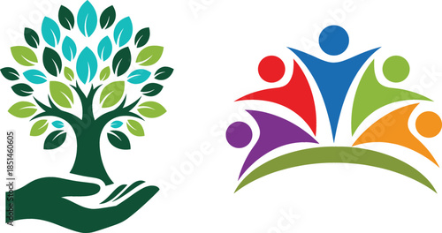  Green tree in hand and colorful community people icons for nature conservation environmental protection unity teamwork social support and charity concept.