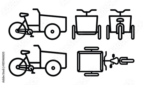 Vector line art illustration set of a cargo bike or delivery bike with different perspectives.