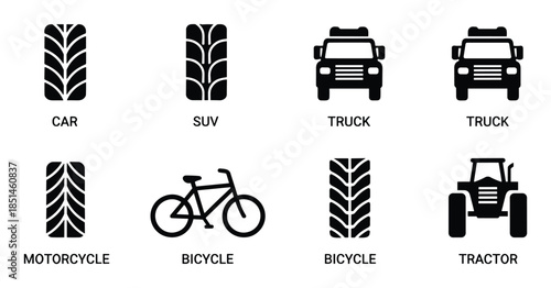 Vehicle Icons Set shows Tire types for car, suv, truck, motorcycle, bicycle, and tractor.