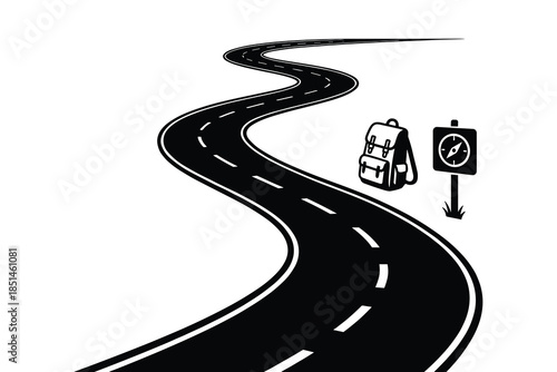 Winding road leads to adventure, featuring a backpack and compass sign indicating direction.
