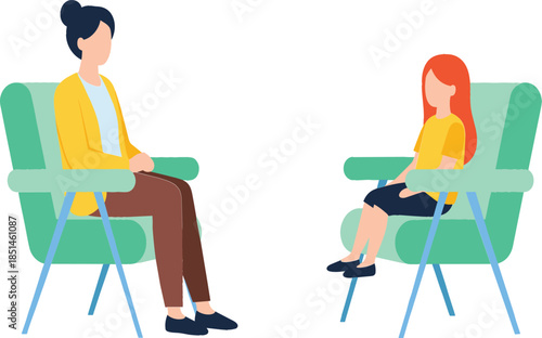 Female therapist or teacher talking to a young girl sitting in armchairs for mental health counseling child psychology or education concepts.