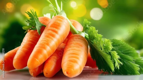 Fresh organic carrots with green leaves on white surface
