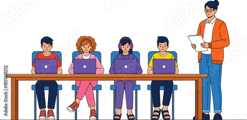 Diverse students sitting at desk using laptops for online education elearning training and classroom study with teacher or mentor guidance concept vector.