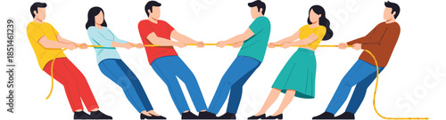 Diverse group of people playing tug of war game together as a metaphor for business competition teamwork strength and corporate struggle vector illustration.
