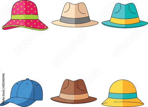 Collection of colorful summer hats and caps including fedoras, a sun hat with polka dots, and a blue baseball cap vector