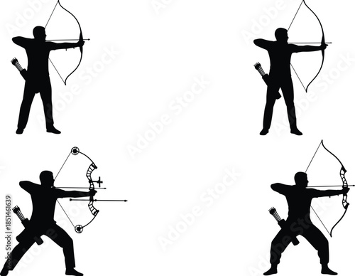 Archery archer silhouette set, man shooting arrow with bow, target practice, sport, aiming, competition, olympic activity vector collection