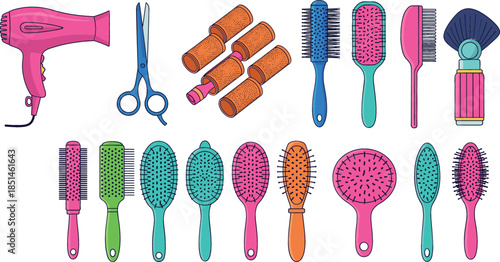 Collection of colorful hair salon styling tools including pink hairdryer blue scissors rollers and various brushes isolated on white background vector illustration.