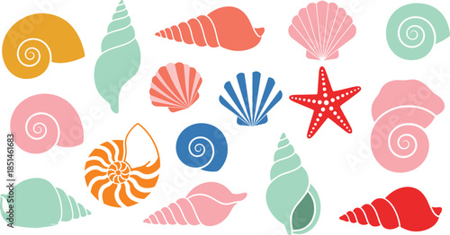 Collection of colorful flat vector seashells and starfish icons isolated on white background for summer beach vacation and marine nature design