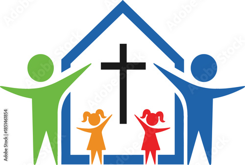 Christian church family logo with blue house cross and colorful people figures for community support religious organization and charity concept