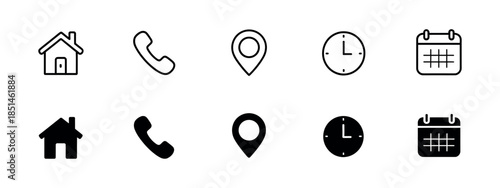Interface icon set phone receiver home location pin clock calendar contact and navigation symbols