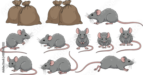Cartoon vector illustration set of grey mice in various poses and brown burlap sacks isolated on a white background for design.