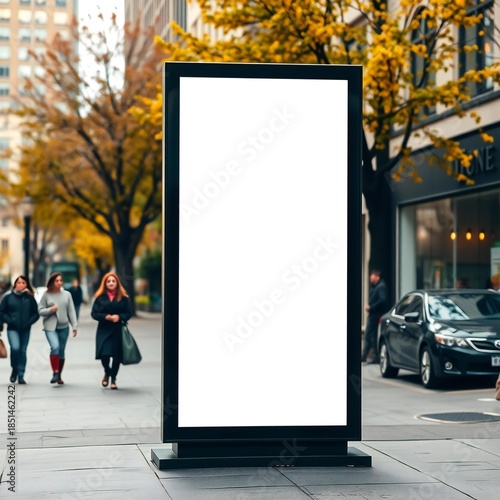 Blank digital billboard on a city street in autumn with people walking by