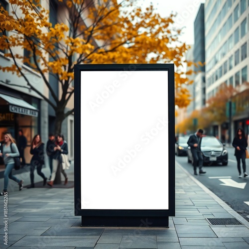 Blank billboard on city street with autumn foliage and pedestrians
