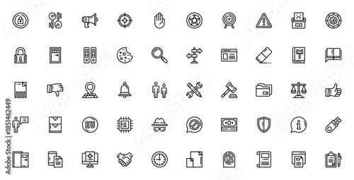 GDPR icon set. Data protection vector icons. Includes symbols for encryption, privacy, consent, data processing, rights, compliance and more. Editable stroke.
