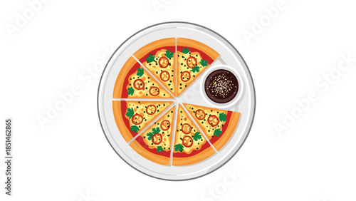Vector Illustration of Sliced Pizza with Dip on White Plate