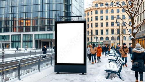 Blank advertising billboard on a snowy city street with people walking