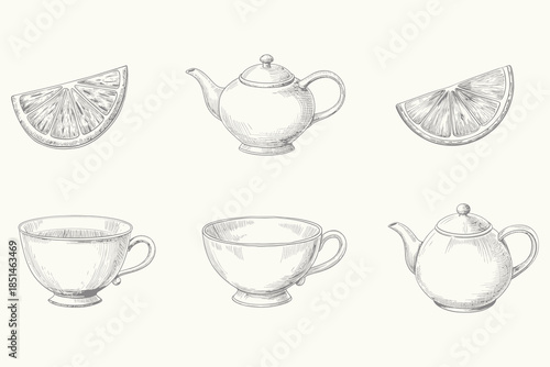 Vintage tea cup collection and pots with steaming cups illustration. Engraved style Tea and coffee concept elements for creative design. Eps 10