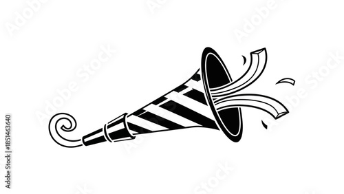 Party blower horn with confetti, black and white illustration, celebration concept.