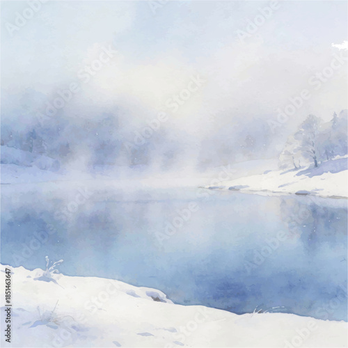 Minimalist Winter Lake Landscape in Soft Watercolor Style