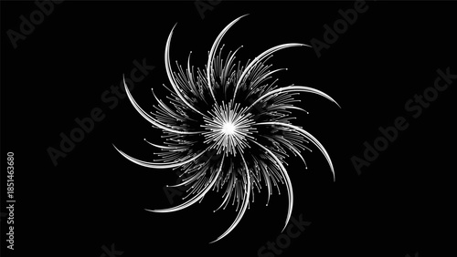 Abstract white spiral design on a black background, resembling a starburst or a swirling vortex.