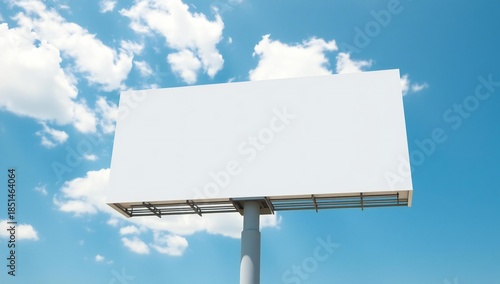 Blank white billboard against a bright blue sky with fluffy clouds
