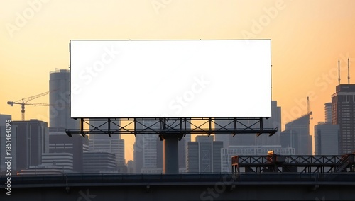 Blank billboard in front of a city skyline at sunset with copy space