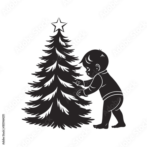 Baby exploring christmas tree