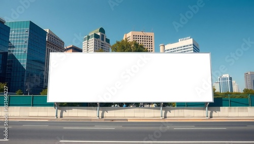 Blank billboard sign on highway with city buildings background