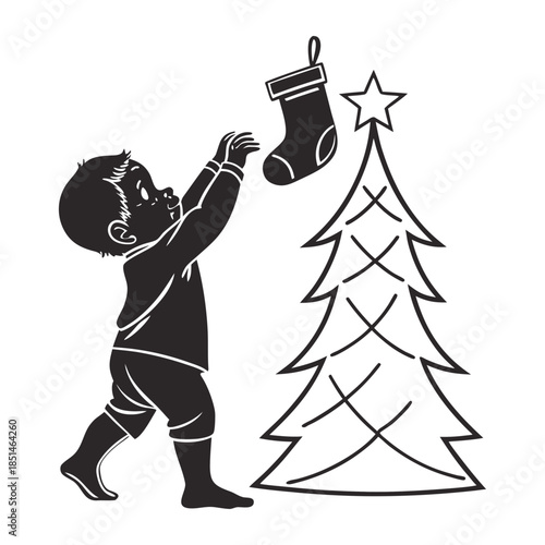 Child reaching for christmas stocking