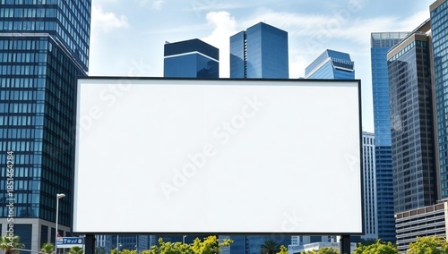 Blank billboard in modern cityscape with tall buildings