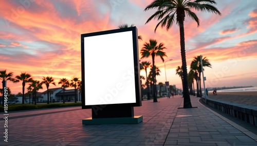 Blank billboard on a beach promenade at sunset with palm trees