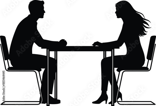 Black silhouette of a romantic couple sitting at a table having dinner, dating, or a serious business meeting, vector graphic.