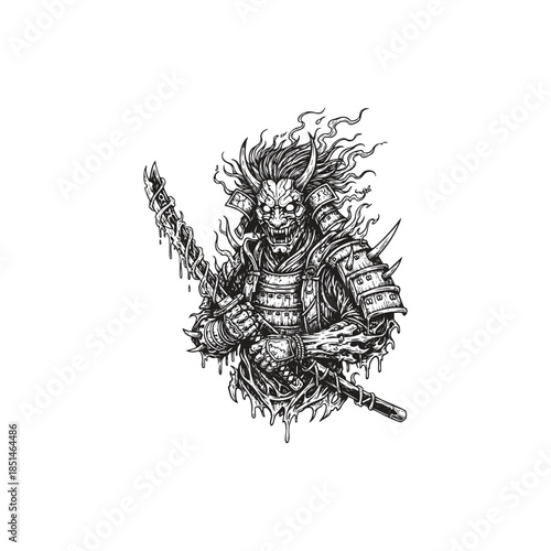 Ferocious Japanese Oni samurai warrior with horns and traditional armor wielding a katana in vintage etching style