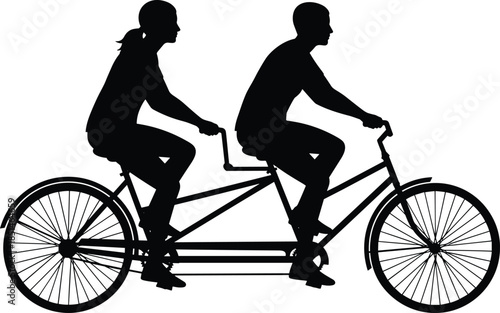 Black Silhouette of Couple Riding Tandem Bicycle, Man and Woman Cycling Together, Teamwork, Leisure Activity, Shared Fun, Vector Graphic Illustration.