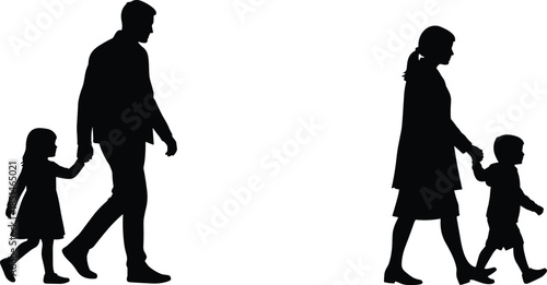 Black silhouette of father walking with daughter and mother walking with son, parents and children separated, family figures.