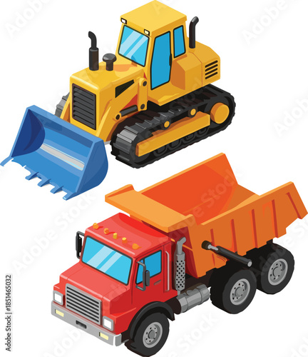 Construction bulldozer and dump truck illustration, heavy machinery equipment set, industrial earthmoving vehicles for building, mining, transport and engineering project graphics
