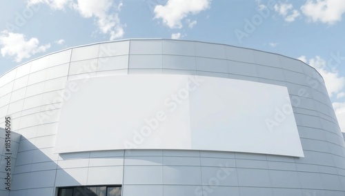 Modern curved building facade with blank white billboard under a cloudy sky