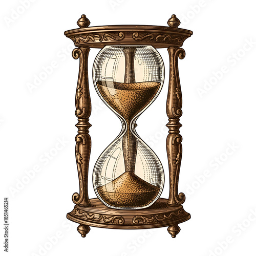 Vintage-style illustration of an ornate hourglass with brown sand and intricate metalwork on a white background.