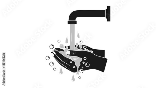 Washing Hands Icon: Water and Soap Bubbles Flowing