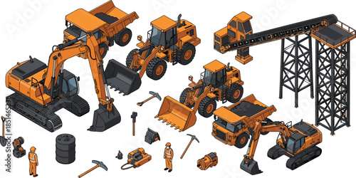 Construction machinery vector set, excavators, loaders, dump trucks, conveyor system, industrial tools, mining equipment, detailed heavy machine illustration collection for engineering design