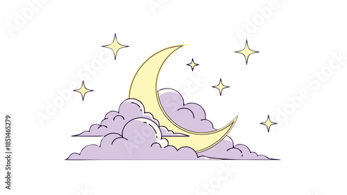 Whimsical Crescent Moon with Clouds and Stars Illustration