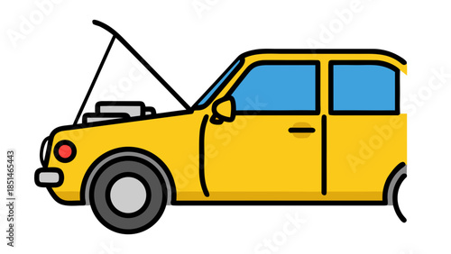 Yellow Car with Open Hood - Flat Vector Illustration