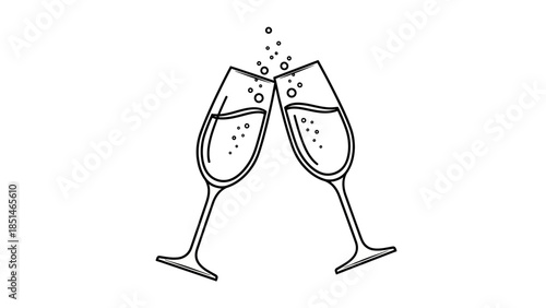 Two champagne glasses toasting with bubbles, a celebratory line art illustration.