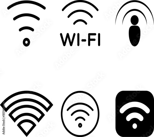 A set of vector icons featuring various Wi-Fi symbols, including Wi-Fi signals, a person with a Wi-Fi signal, and a "WI-FI" text symbol, all in black.