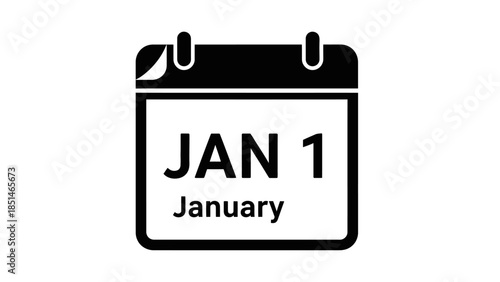 Black and white icon of a calendar page showing January 1st, symbolizing new beginnings and dates.