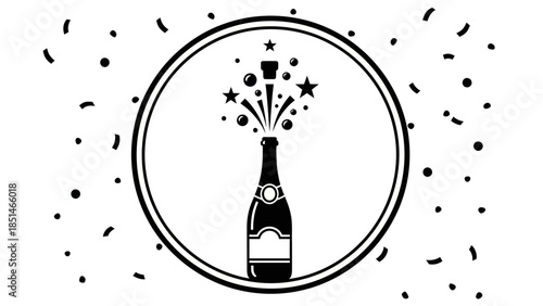 Champagne bottle popping with confetti and stars, celebrating a special occasion.