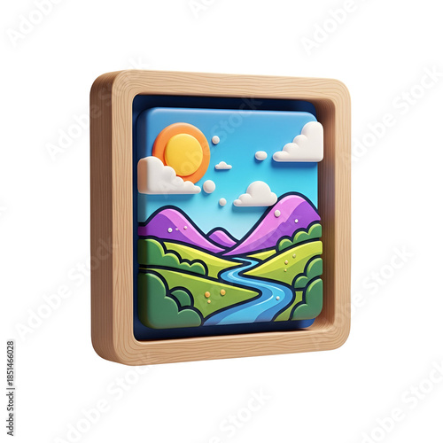 A colorful illustration of a serene landscape with mountains, river, and sunny sky in a wooden frame with a flat design style.
